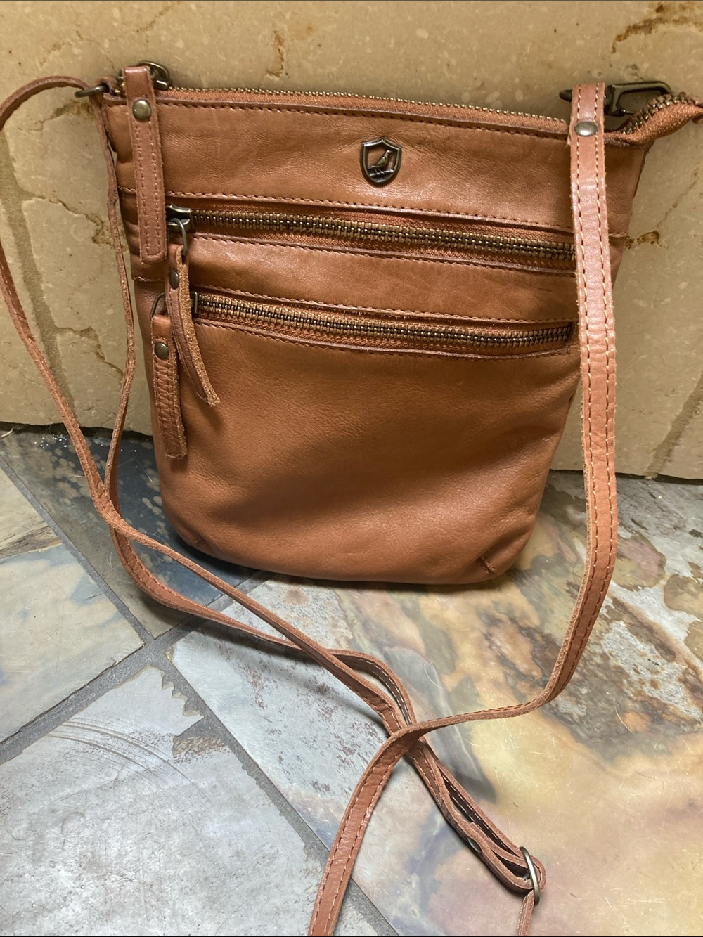 Tan Leather Slim Crossbody Bag with Dual Zip Front Pockets